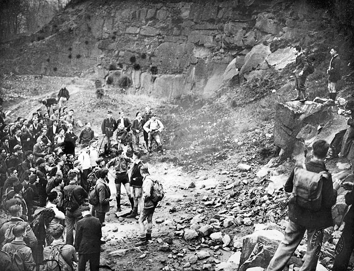 Benny Rothman addresses ramblers at Bowden Bridge quarry before the trespass