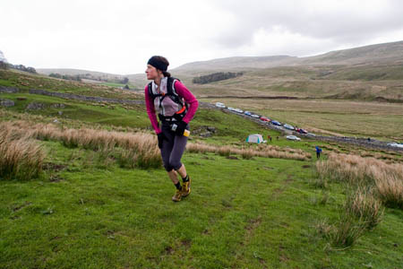 Sarah Rowell climbs towards Gragareth from the Kingsdale checkpoint