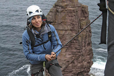 Julia Bradbury abseiling to The Old Man of Stoer, Scotland