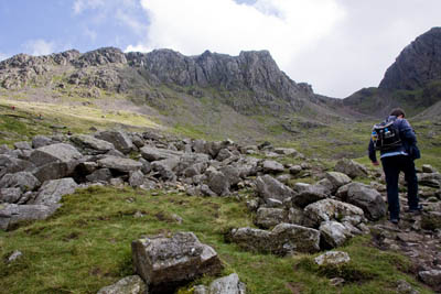 Scafell Pike, where the pair believed they were. The col of Mickledore is to the right of the picture