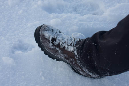 Stiff-soled boots allow kicking the heel into snow on descent