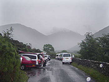 Vehicles choke the narrow country lane in Wasdale