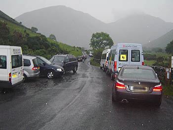 The road in Wasdale, choked by parked vehicles of challenge participants