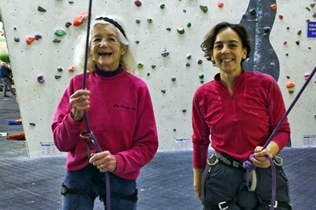Angela Soper, left, in action on an indoor wall. Photo: Hillary Lawrence