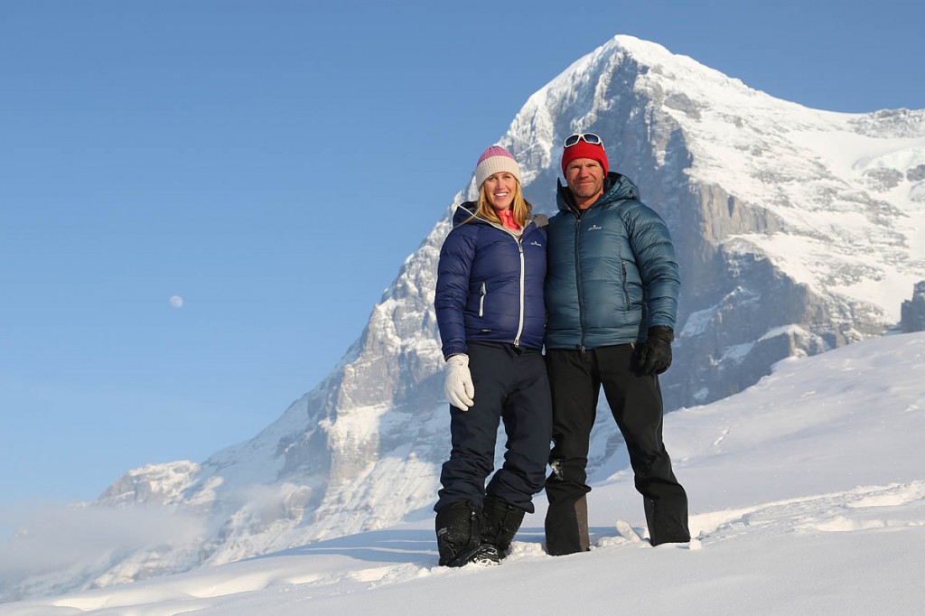 Steve Backshall with his wife Helen Glover and the Eiger. Photo: BBC/Screendog Steve Backshall with his wife Helen Glover and the Eiger. Photo: BBC/Screendog