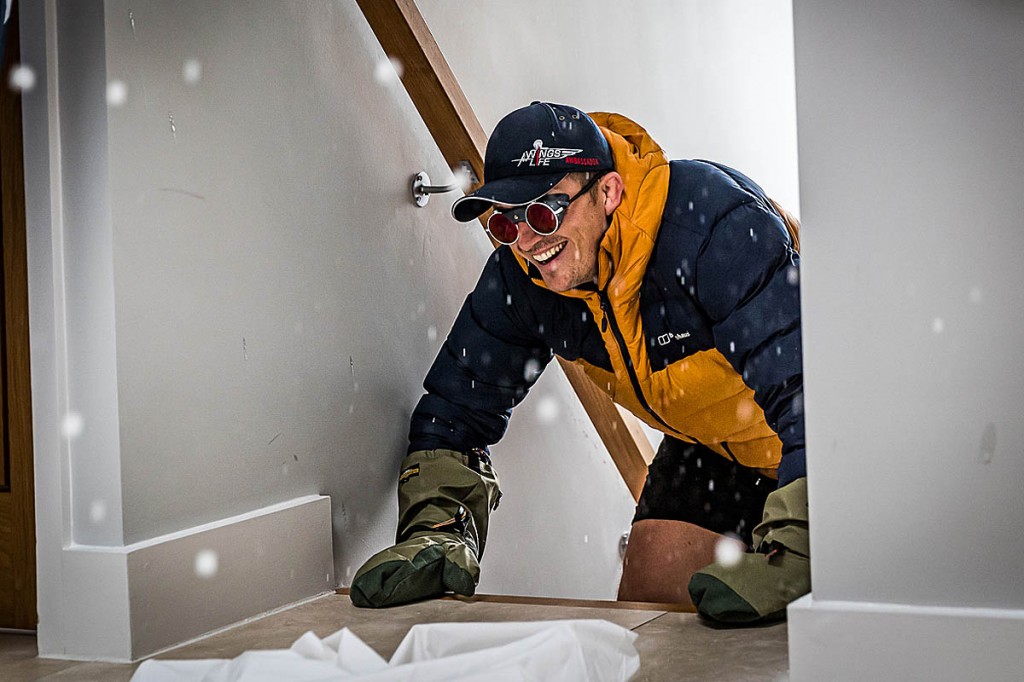 Ed Jackson braves a polystyrene shower during his summit attempt. Photo: @thatcameraman Ed Jackson braves a polystyrene shower during his summit attempt. Photo: @thatcameraman