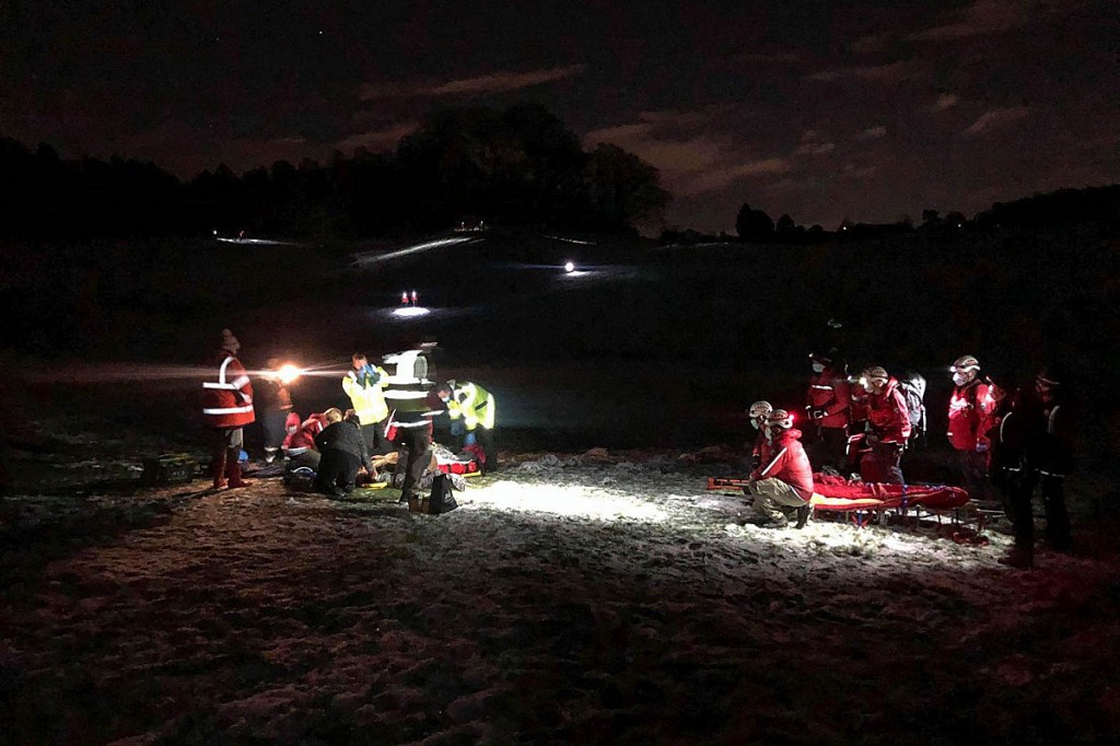 The team doctor and team members treat a casualty. Photo: Bowland Pennine MRT