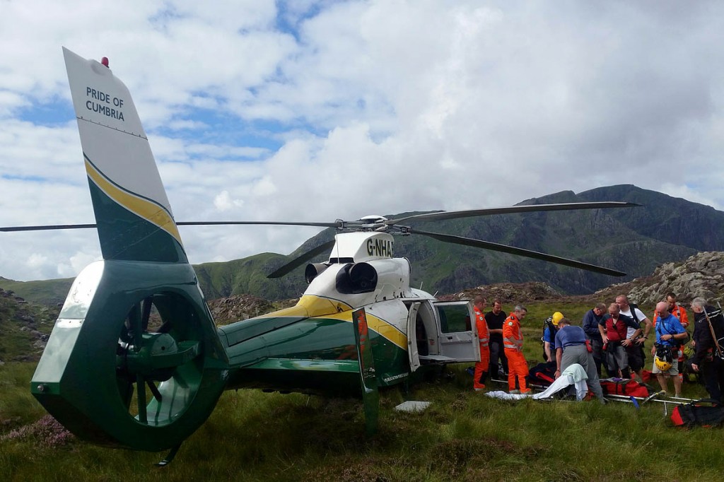 Rescuers and the air ambulance at the site near Hay Stacks. Photo: Cockermouth MRT Rescuers and the air ambulance at the site near Hay Stacks. Photo: Cockermouth MRT