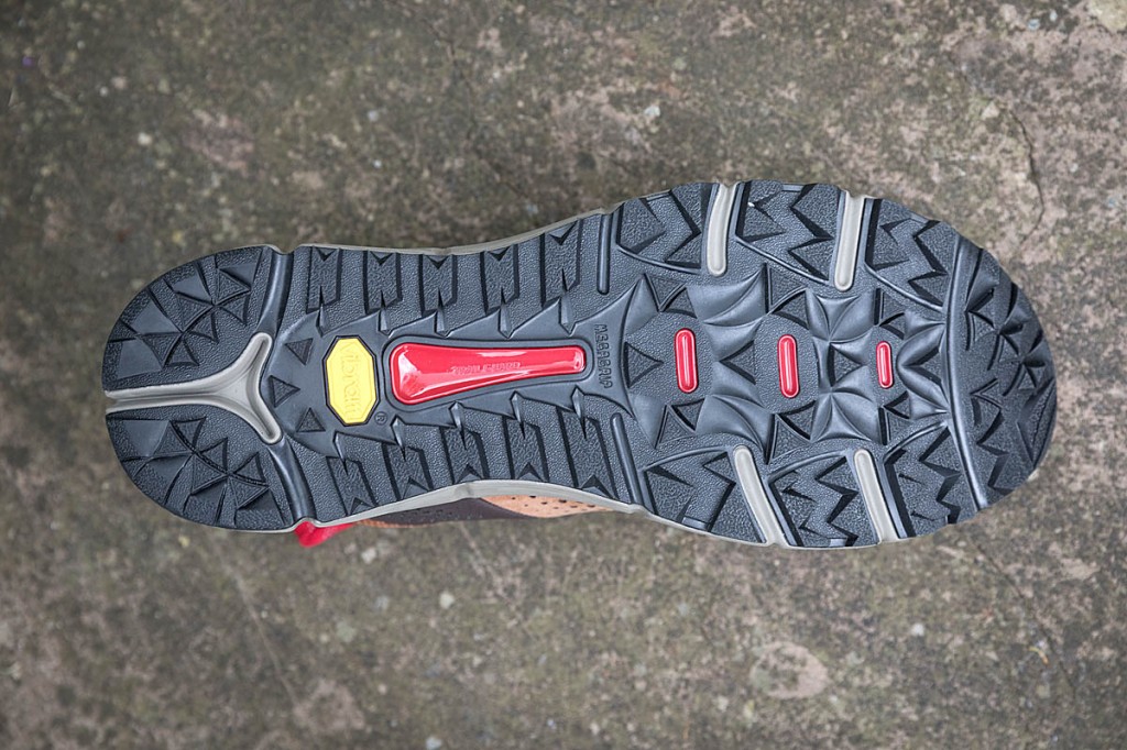 The outsole uses Megagrip rubber. Photo: Bob Smith/grough The outsole uses Megagrip rubber. Photo: Bob Smith/grough