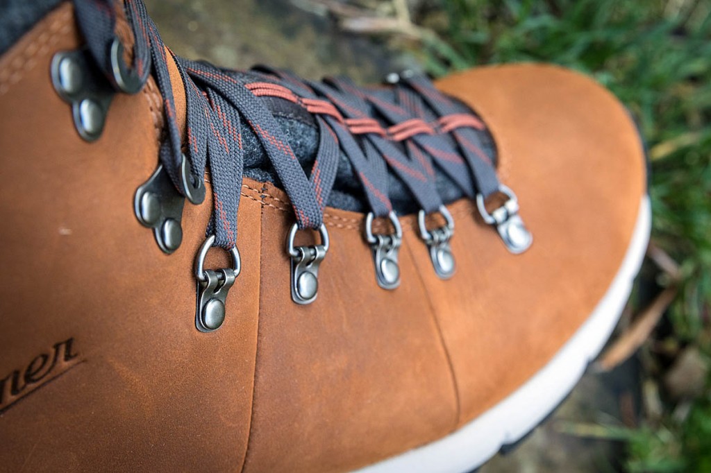 The uppers are full-grain leather and have metal lace loops and hooks. Photo: Bob Smith/grough The uppers are full-grain leather and have metal lace loops and hooks. Photo: Bob Smith/grough