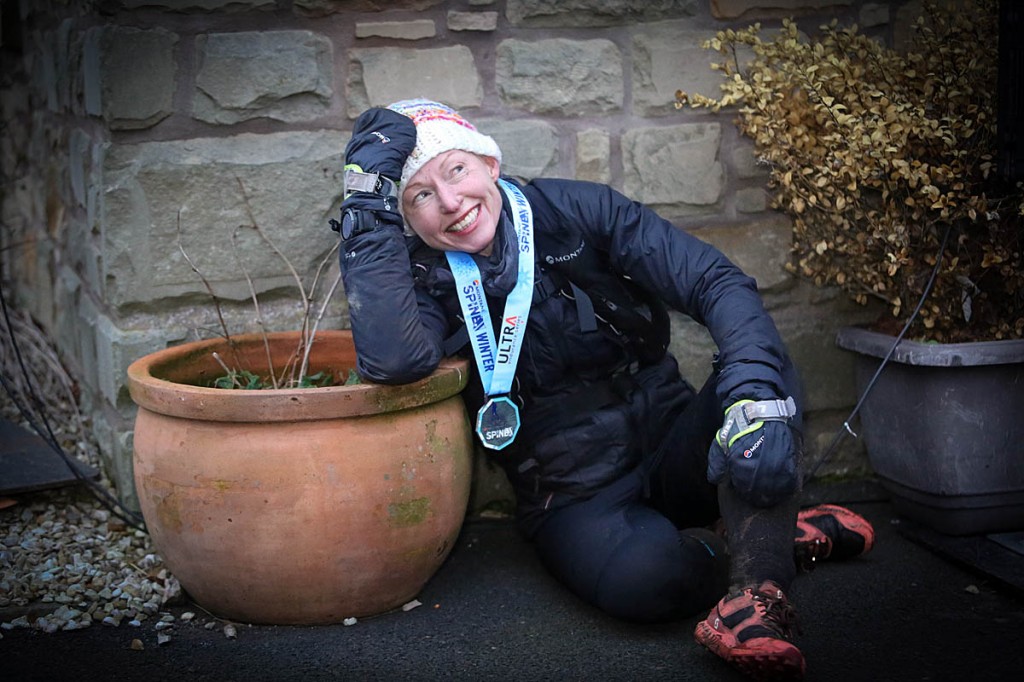Winner Debbie Martin-Consani at the finish at the Border Hotel in Kirk Yetholm. Photo: Adam Jacobs
