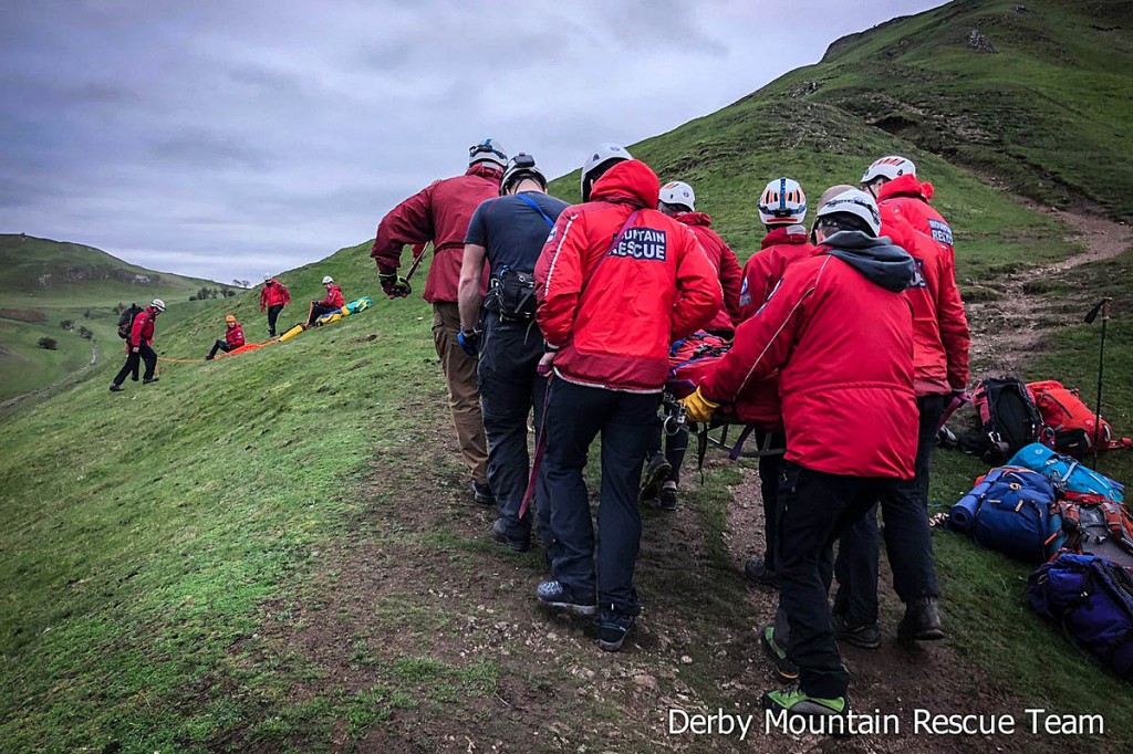 The man is stretchered from the hill. Photo: Derby MRT The man is stretchered from the hill. Photo: Derby MRT