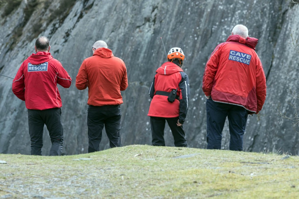 Mountain rescuers look into the quarry after the incident during a training exercise in the Lake District. Photo: Bob Smith/grough