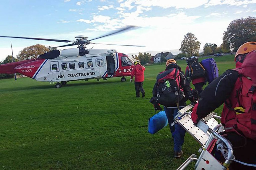 The Coastguard helicopter picked up rescue team members at Maryburgh. Photo: Dundonnell MRT