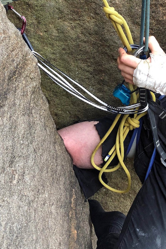 The climber's knee was firmly jammed in the rock. Photo: Edale MRT