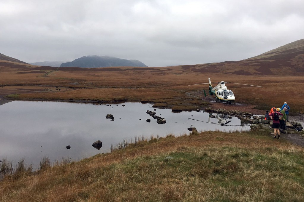 The air ambulance at the scene at Burnmoor Tarn. Photo: GNAAS