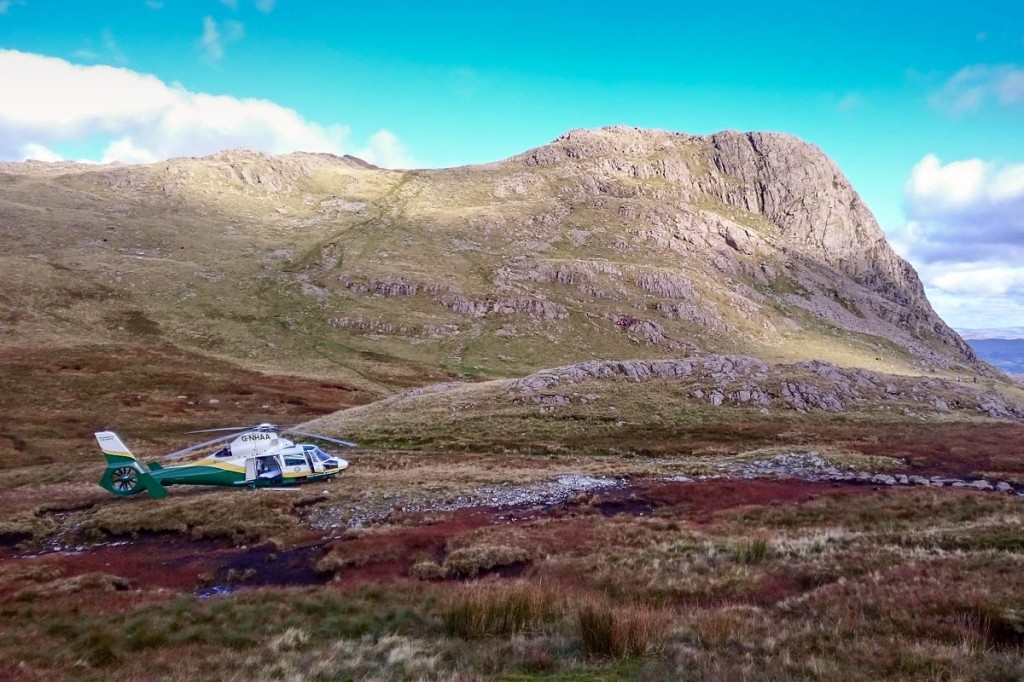 The air ambulance at the scene in the Langdale Pikes. Photo: GNAAS
