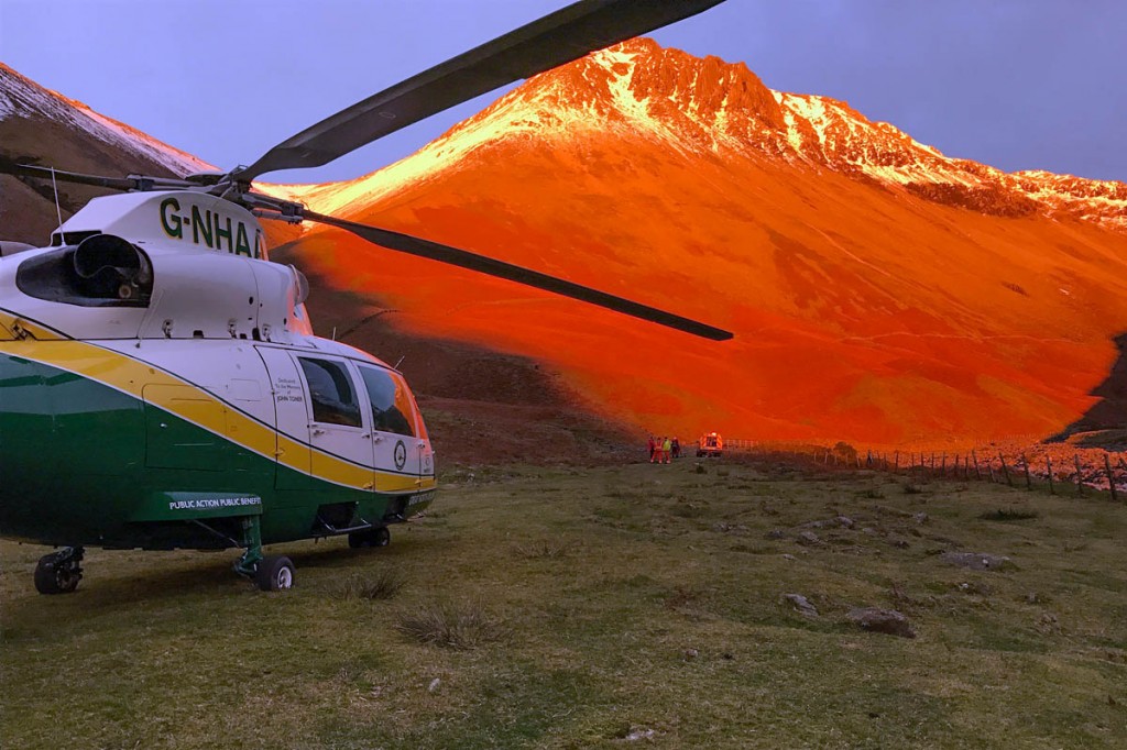 The air ambulance at the scene below Great Gable. Photo: GNAAS
