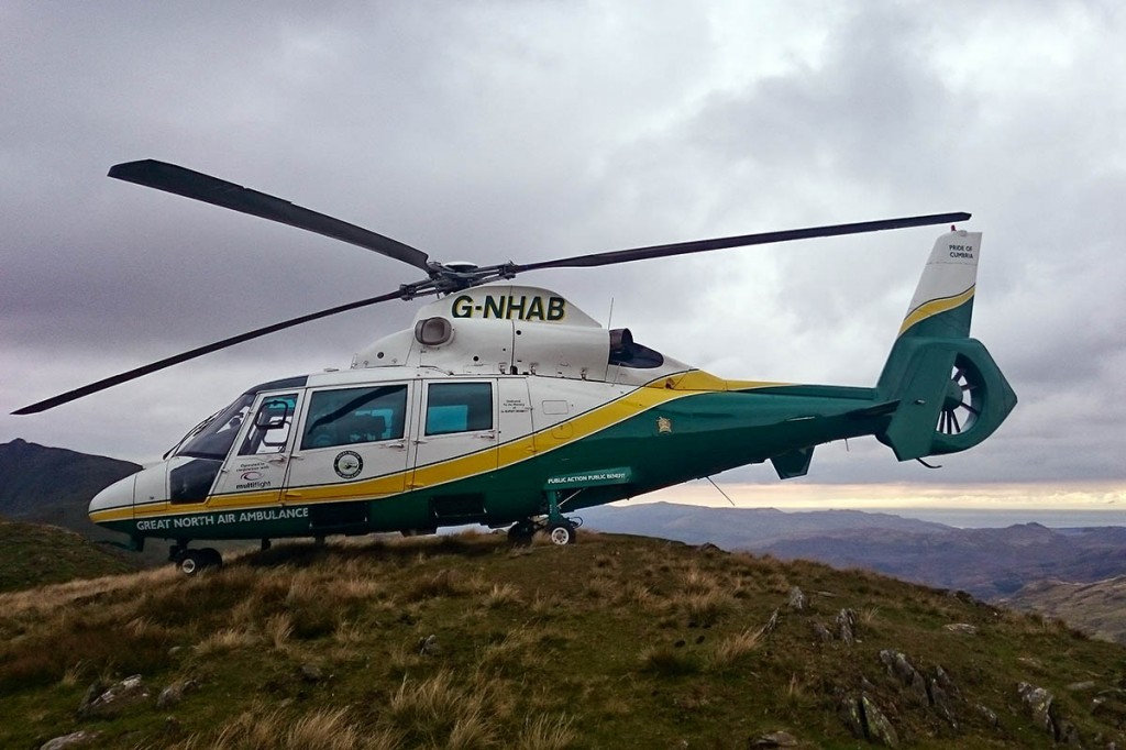 The Great North Air Ambulance at the scene on the Old Man of Coniston. Photo: GNAAS The Great North Air Ambulance at the scene on the Old Man of Coniston. Photo: GNAAS