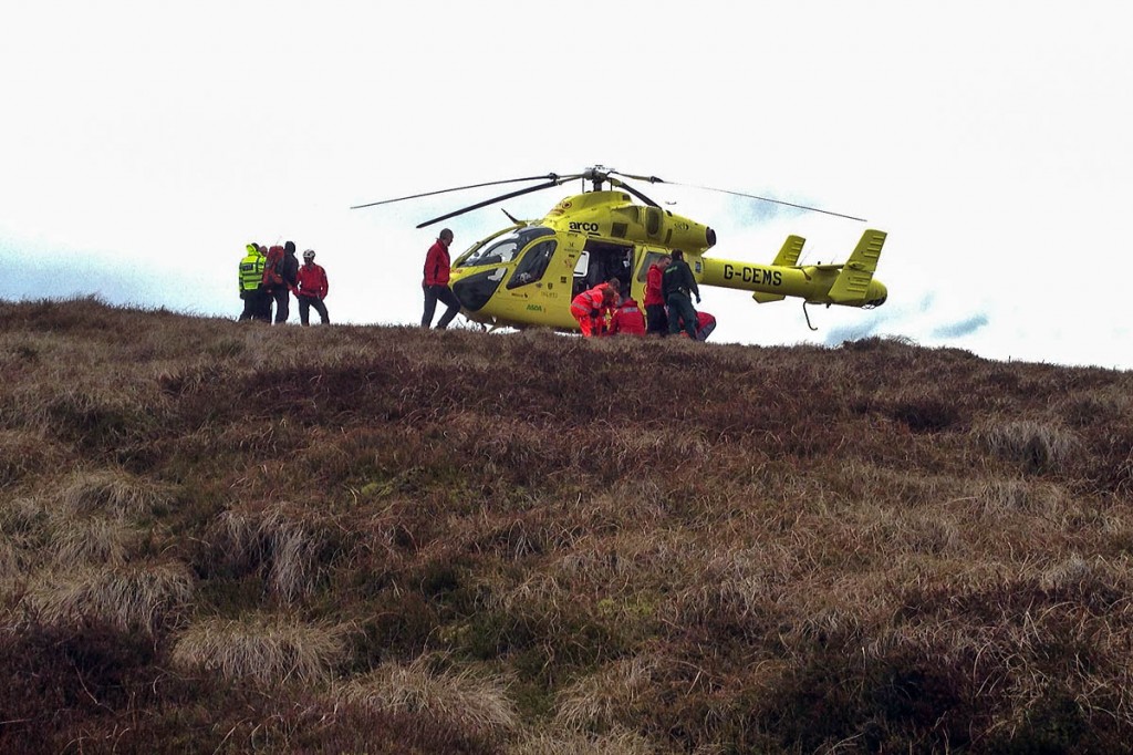 The Yorkshire Air Ambulance landed on Holme Moss. Photo: Glossop MRT The Yorkshire Air Ambulance landed on Holme Moss. Photo: Glossop MRT