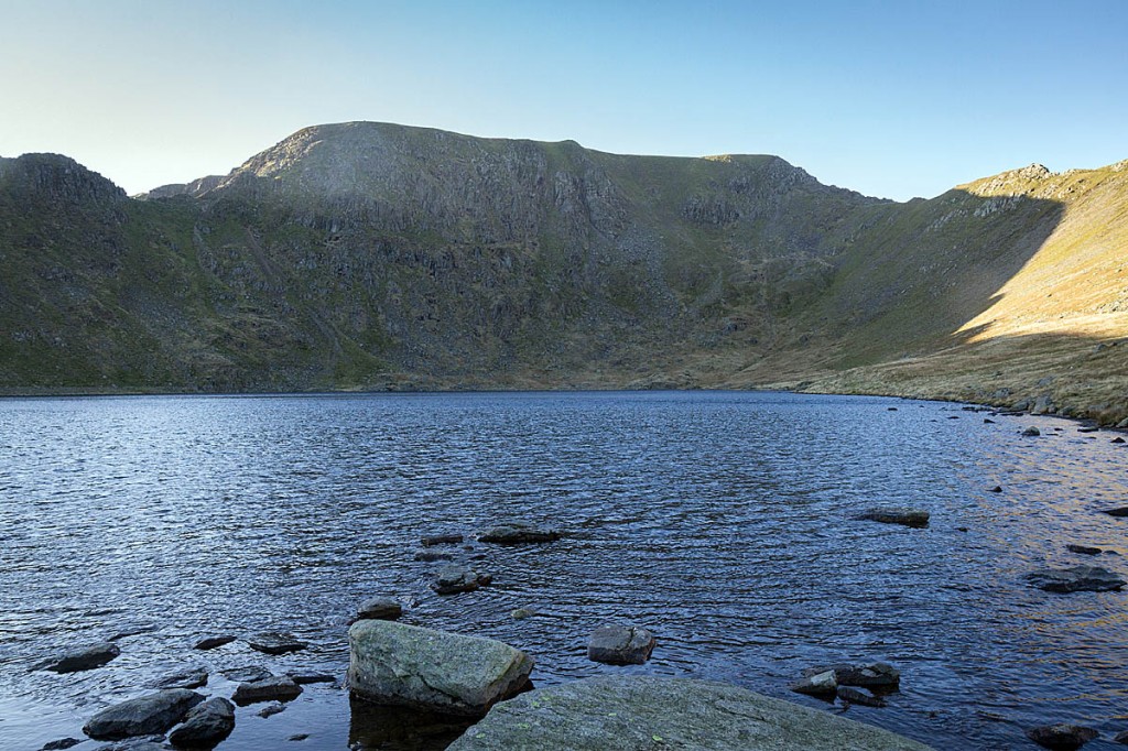 Helvellyn's headwall and Red Tarn, with Striding Edge left and Swirral Edge on the right. Photo: Bob Smith/grough