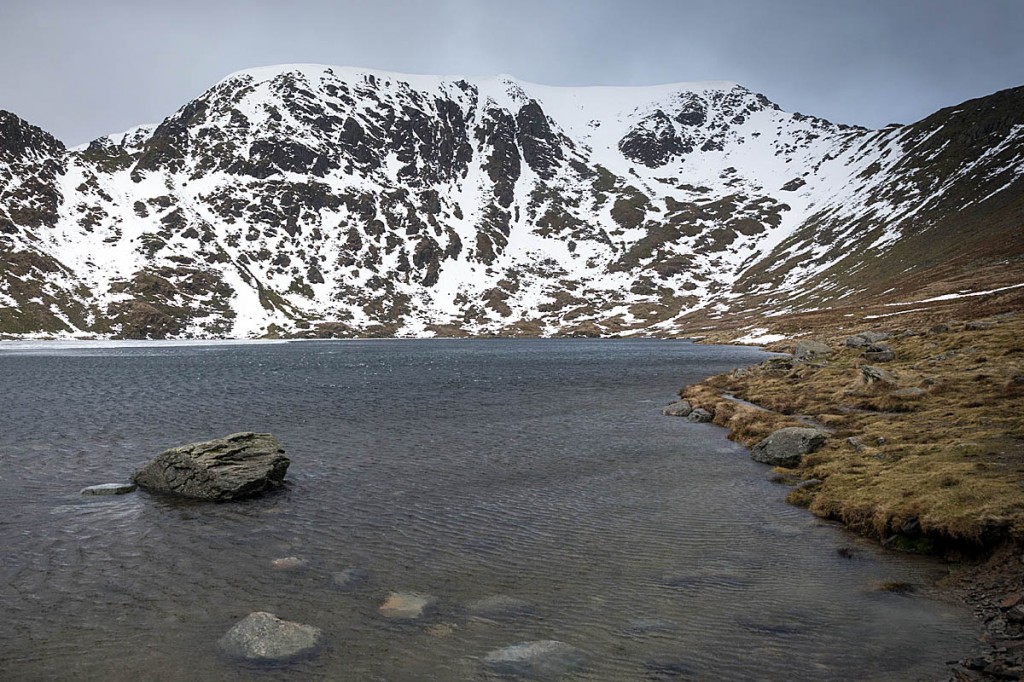 The pair tried to descend an icy Swirral Edge, right. Photo: Bob Smith/grough
