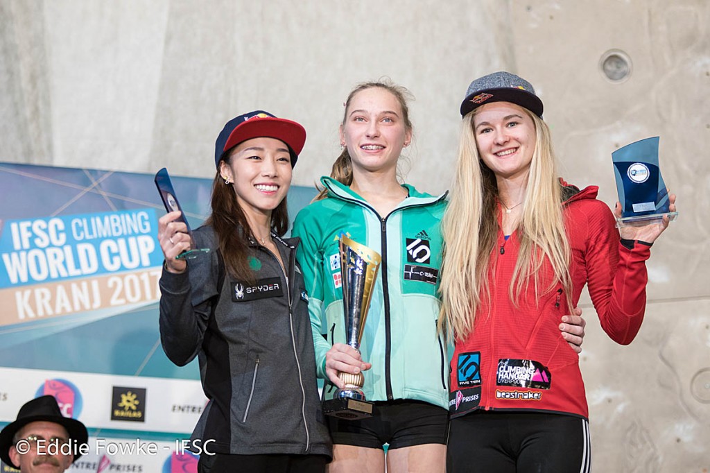 Shauna Coxsey, right, with Janja Garnbret, centre, and Jain Kim. Photo: Eddie Fowke/IFSC