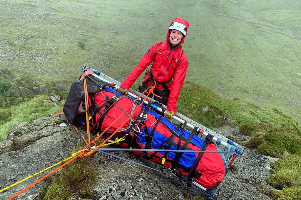 The injured climber was hauled up the crag in a stretcher. Photo: Keswick MRT