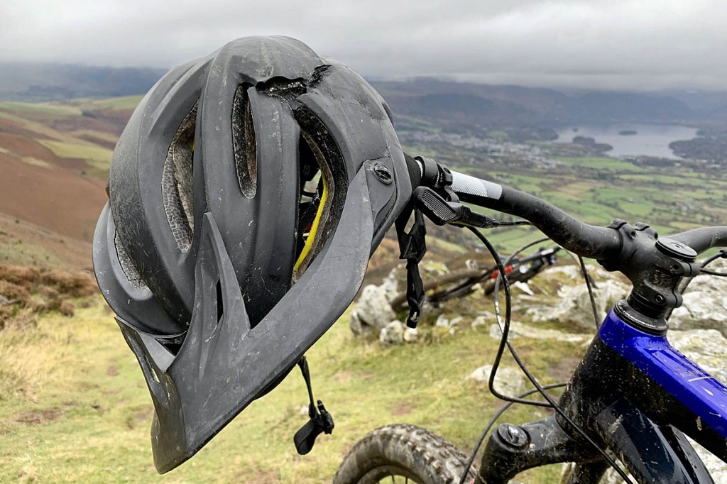 The rider's damaged helmet. Photo: Keswick MRT The rider's damaged helmet. Photo: Keswick MRT