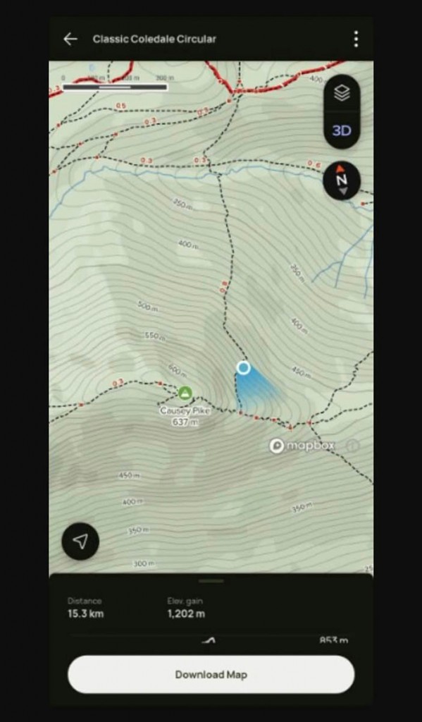 The app shows a route heading north from the summit
