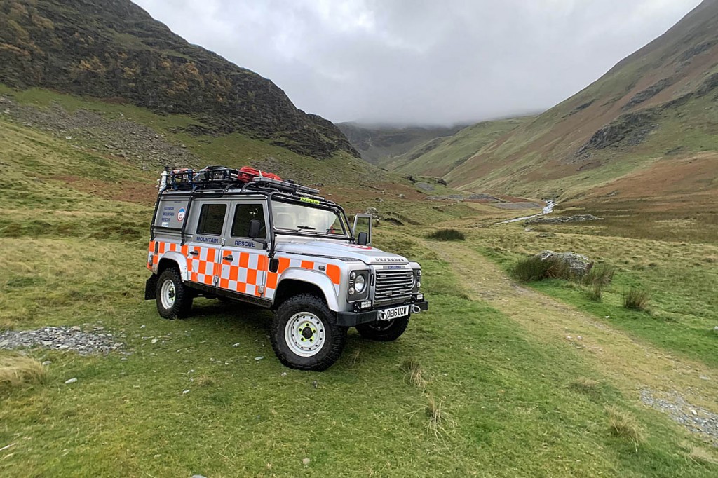 The team Land Rover in the valley north of Dale Head. Photo: Keswick MRT The team Land Rover in the valley north of Dale Head. Photo: Keswick MRT