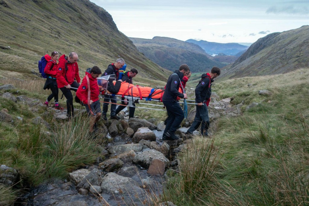 The injured man is stretchered from the fell after the scrambling incident. Photo: Keswick MRT