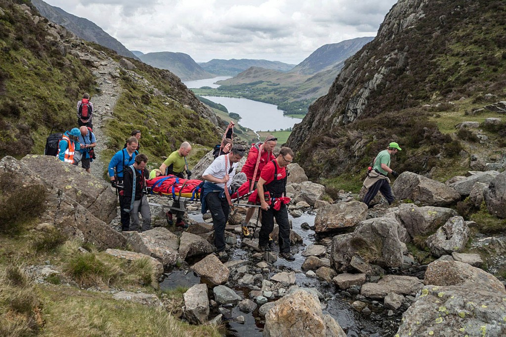 The injured walker is stretchered from Hay Stacks. Photo: Keswick MRT The injured walker is stretchered from Hay Stacks. Photo: Keswick MRT