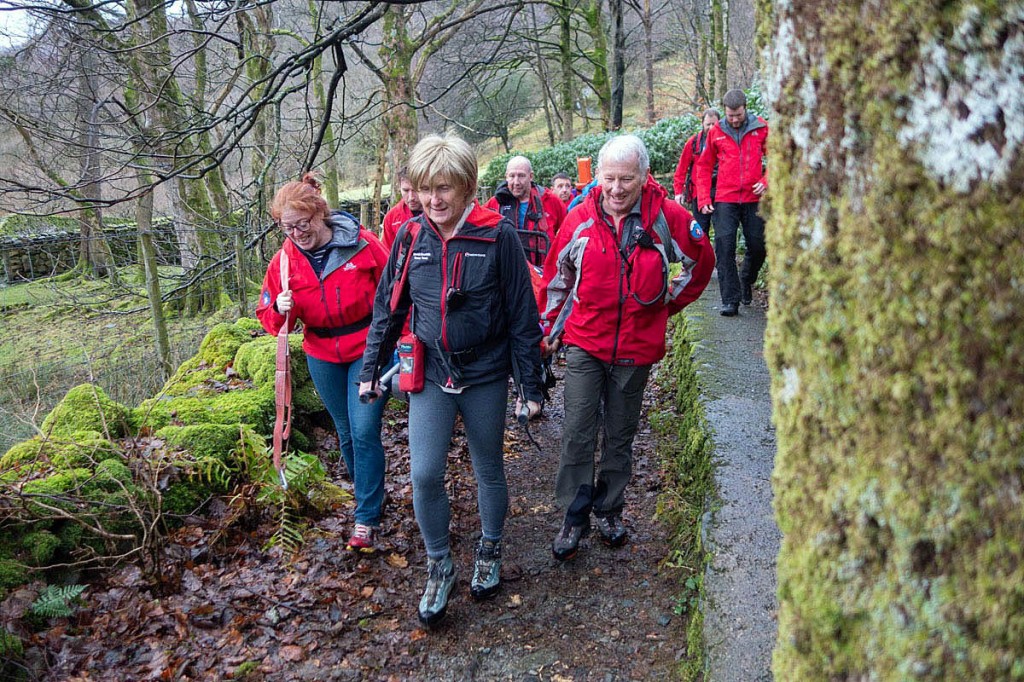 Team members stretcher the literary casualty from the fell. Photo: Keswick MRT