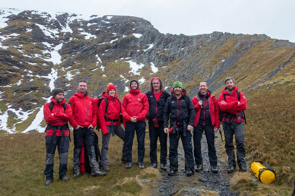 Rescuers at Scales Tarn, with Sharp Edge in the distance. Photo: Keswick MRT§ Rescuers at Scales Tarn, with Sharp Edge in the distance. Photo: Keswick MRT