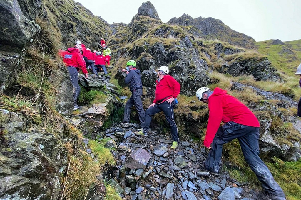 Rescuers at the scene in the gully on Sharp Edge. Photo: Keswick MRT