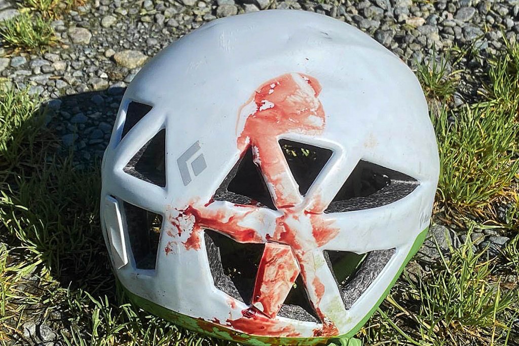 The climber's helmet after the fall. Photo: Keswick MRT The climber's helmet after the fall. Photo: Keswick MRT