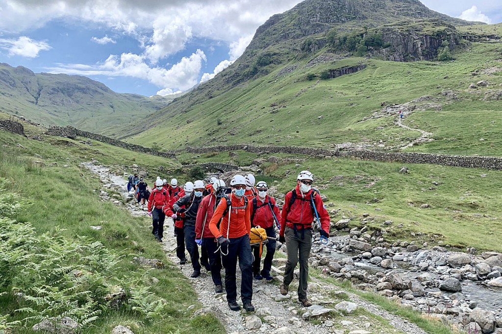 Keswick team members stretcher the injured woman at Stockley Bridge. Photo: Keswick MRT Keswick team members stretcher the injured woman at Stockley Bridge. Photo: Keswick MRT