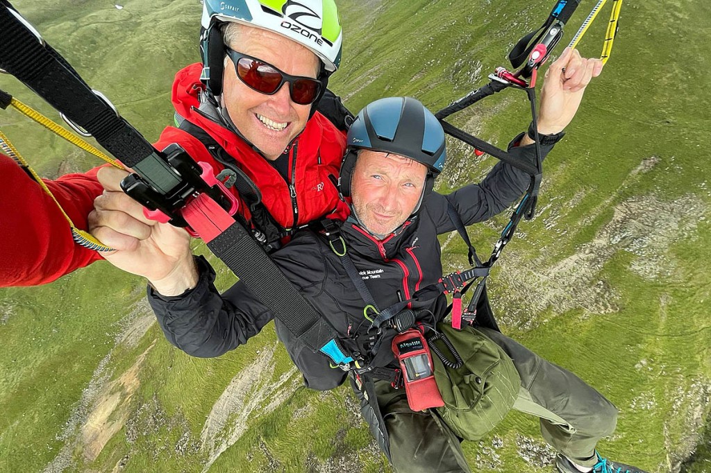 The rescuer hitched a lift back to the valley with a paraglider. Photo: Keswick MRT