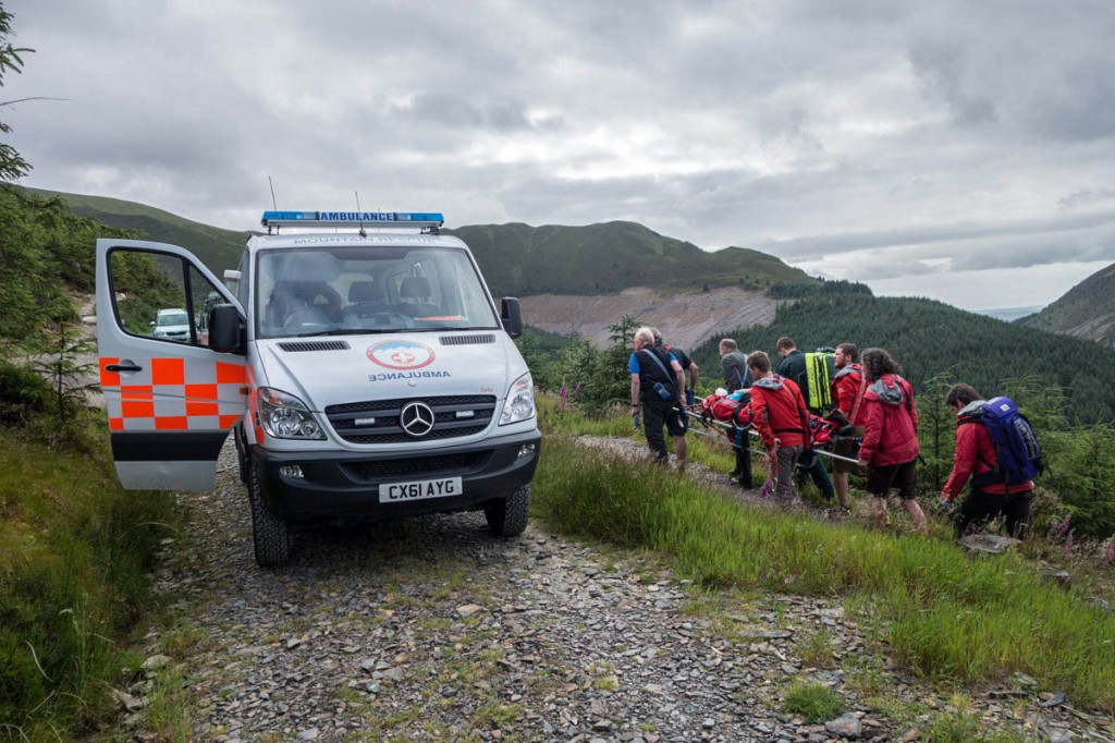 The injured rider is stretchered to the team vehicle in Whinlatter Forest. Photo: Keswick MRT The injured rider is stretchered to the team vehicle in Whinlatter Forest. Photo: Keswick MRT