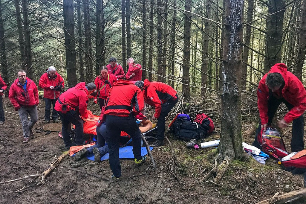 Team members at the rescue scene in Whinlatter Forest. Photo: Keswick MRT Team members at the rescue scene in Whinlatter Forest. Photo: Keswick MRT