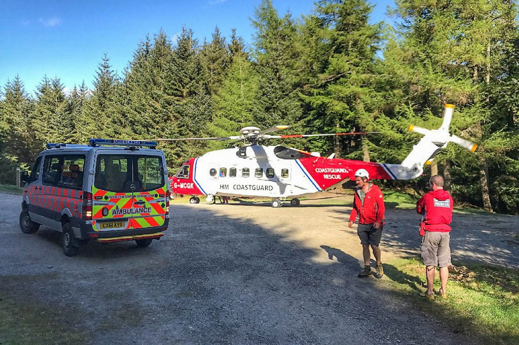 The helicopter at the rescue scene in Whinlatter Forest. Photo: Keswick MRT The helicopter at the rescue scene in Whinlatter Forest. Photo: Keswick MRT
