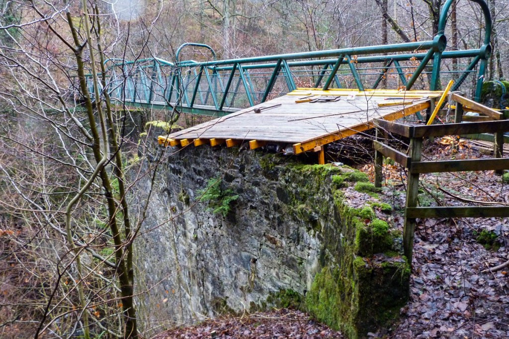 The Green Footbridge at Killiecrankie, showing the temporary wooden cover. Photo: NTS
