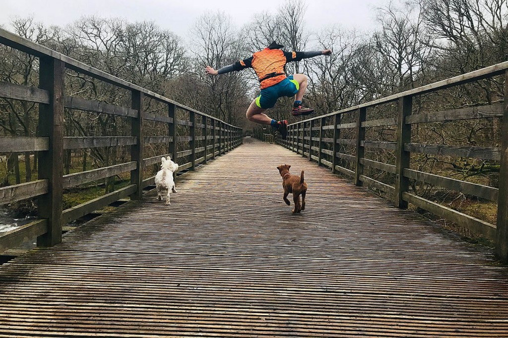 Sean Conway leaps into action to complete his challenge on part of the Keswick to Threlkeld path