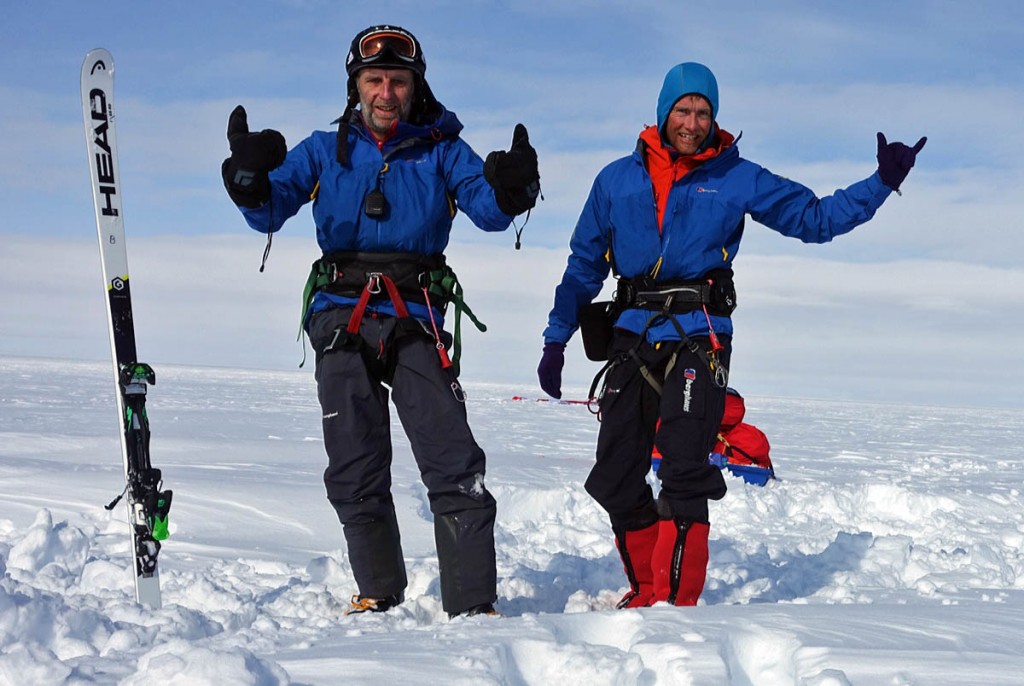 Leo Houlding and Bruce Corrie, right, celebrate a successful day snowkiting Leo Houlding and Bruce Corrie, right, celebrate a successful day snowkiting