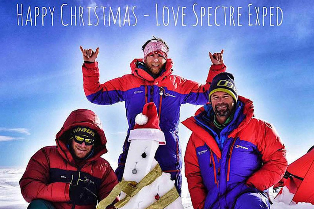 Houlding, centre, with Burgun, left, and Sedon and their Antarctic sastrugi man. Photo: Berghaus Houlding, centre, with Burgun, left, and Sedon and their Antarctic sastrugi man. Photo: Berghaus