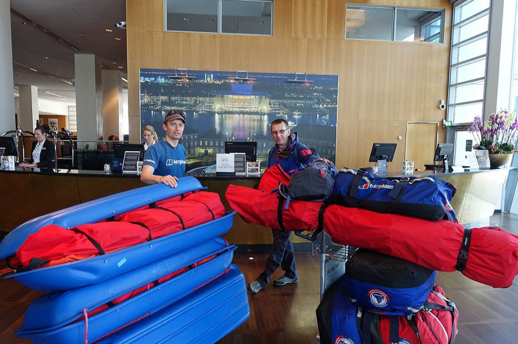 Leo Houlding and Bruce Corrie check in with their kit at the airport