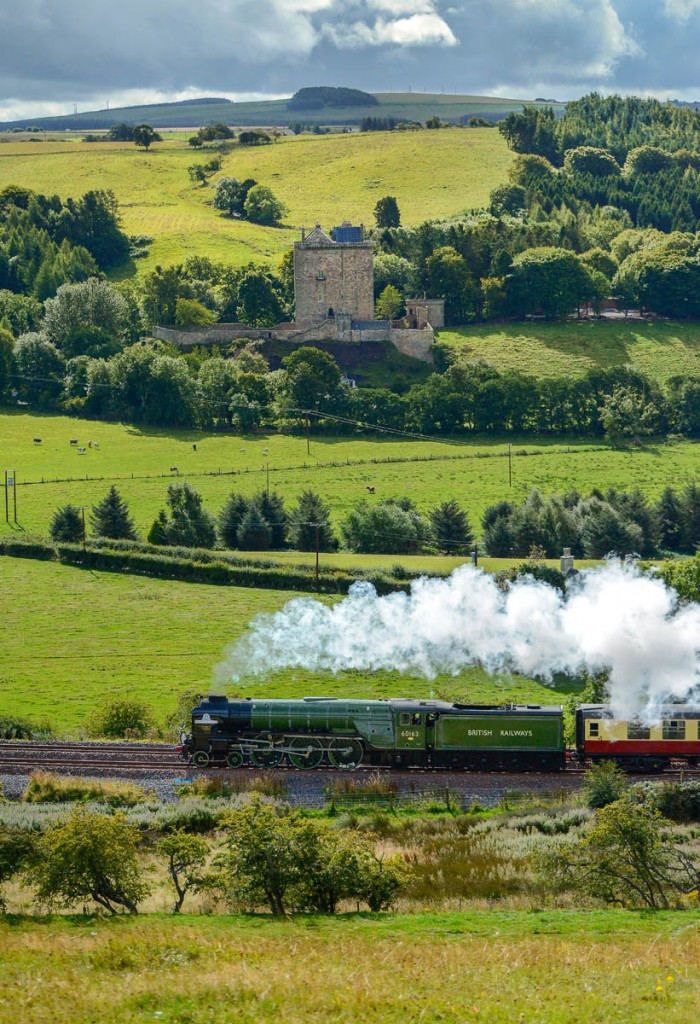 Lewis Donaldson's stam train passing Borthwick Castle, Midlothian Lewis Donaldson's stam train passing Borthwick Castle, Midlothian