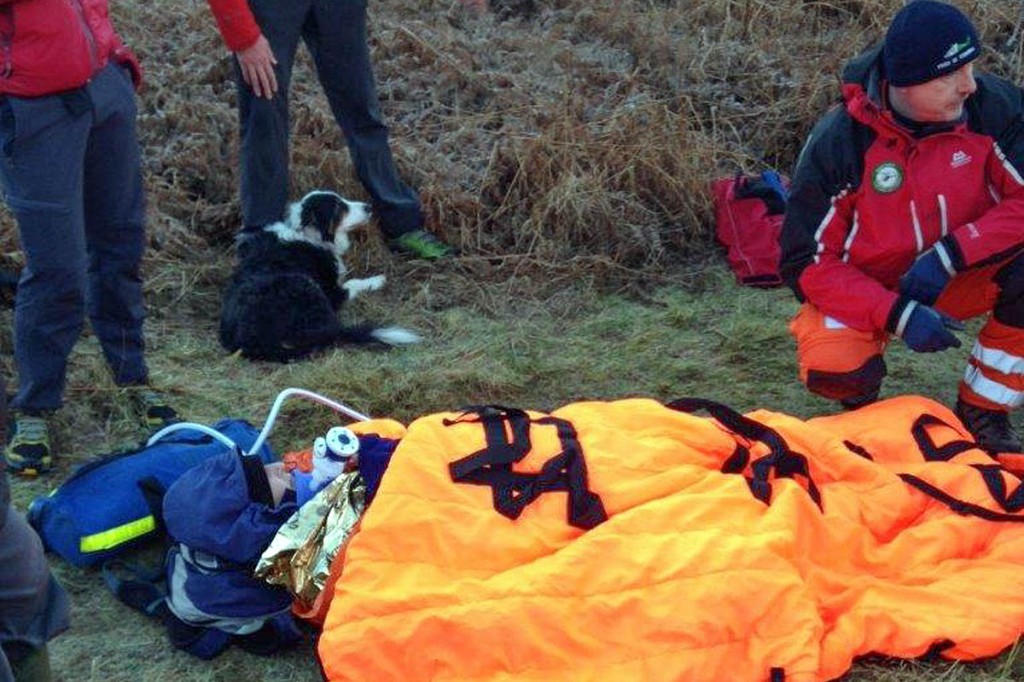Lynda Teall and rescuers at the scene of her fall