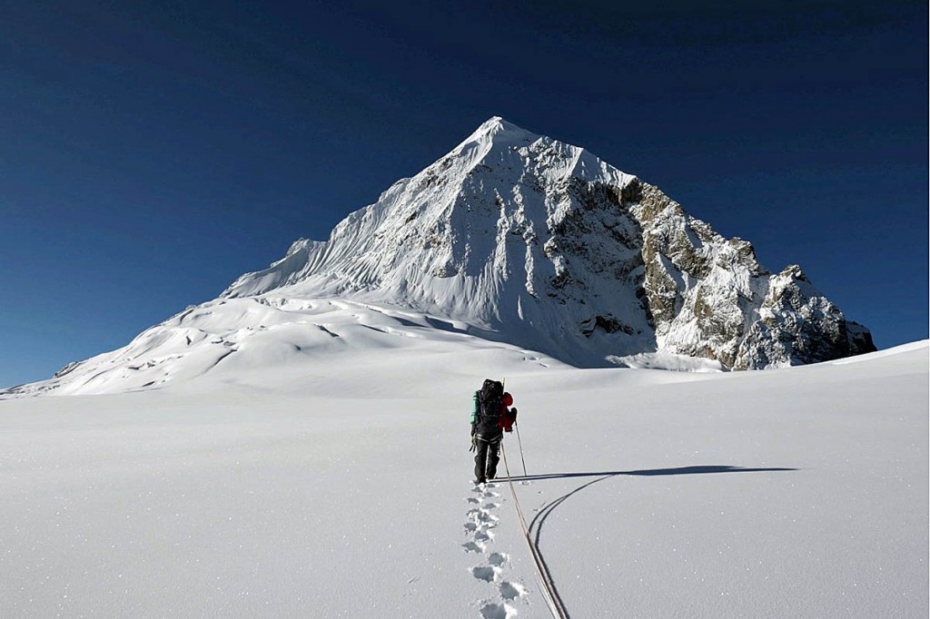 The pair faced a nerve-wracking long trudge across a crevassed plateau to reach the face of Chombu